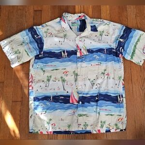 Vintage Reyn Spooner Colorful Beach Scene Button-Up Shirt Mens L (tlc)